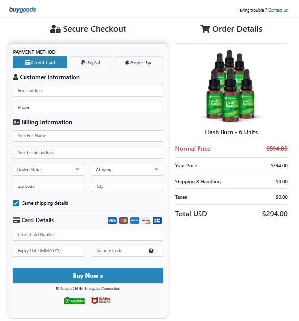 Flash Burn-checkout page